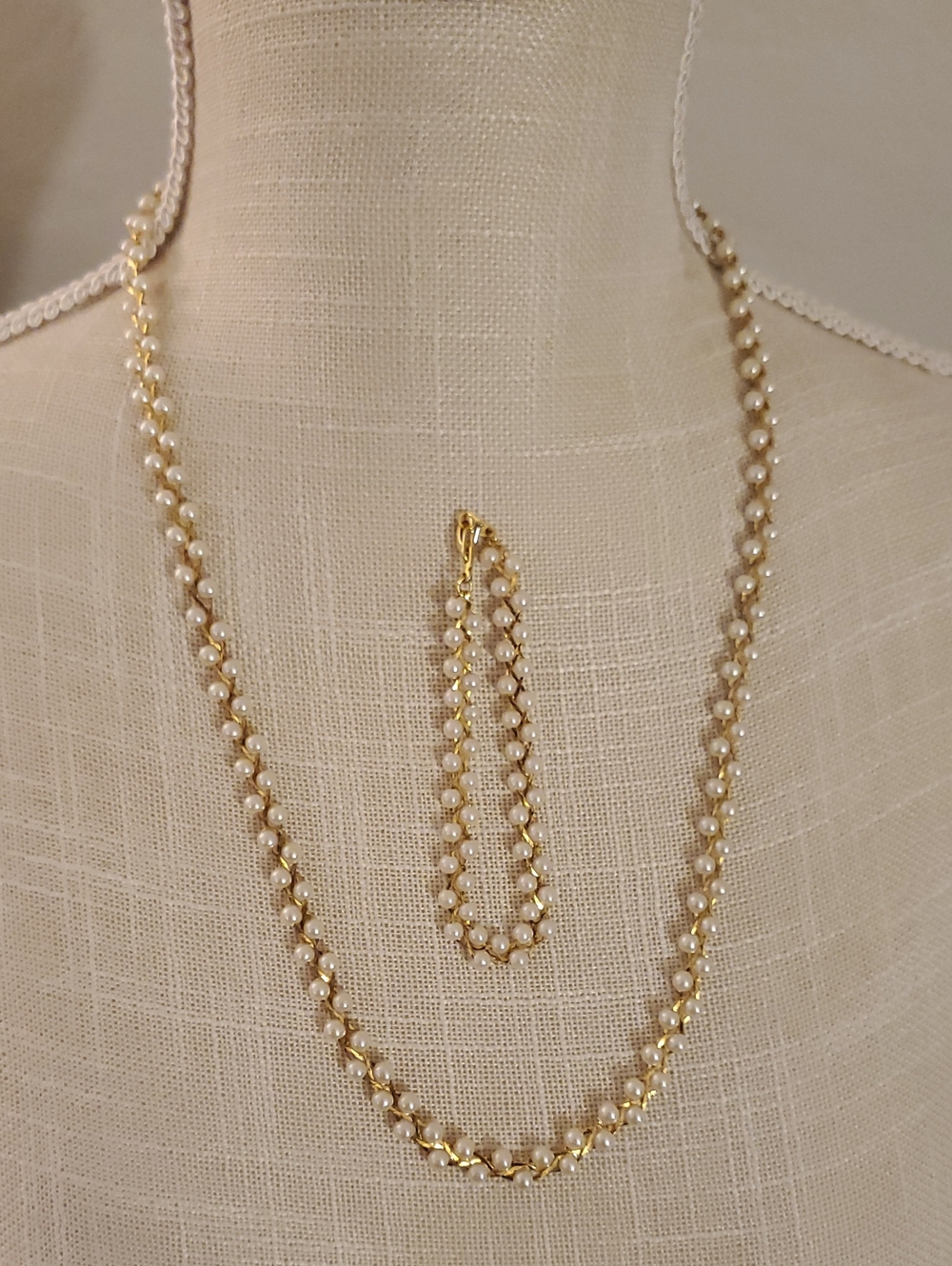Vintage Gold Tone Woven Braided Necklace With Tiny Faux Pearls Matching Bracelet